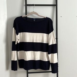 Chaps Striped Long Sleeve Shirt Women | Navy Blue and White Stripes Boat Neck